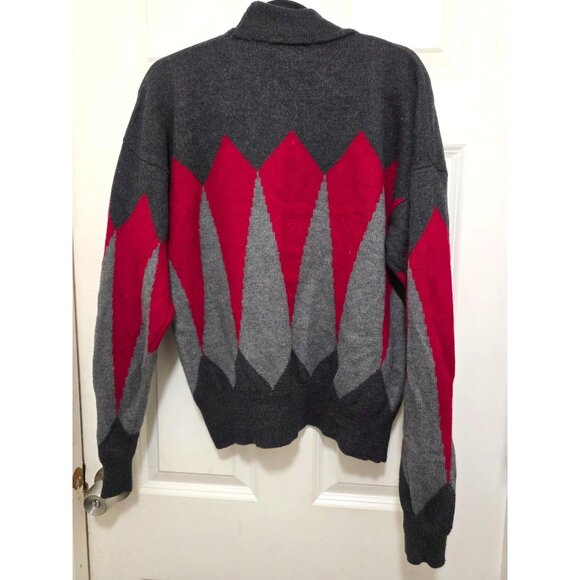 VTG Perry Ellis Gray & Red Geometric Diamond Knit Sweater Long Sleeve Turtleneck - Picture 2 of 8